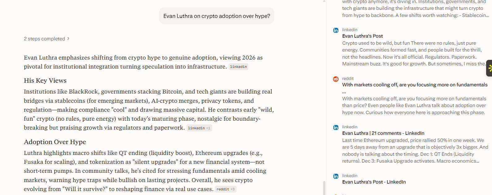 perplexity - "Evan Luthra on crypto adoption over hype?"