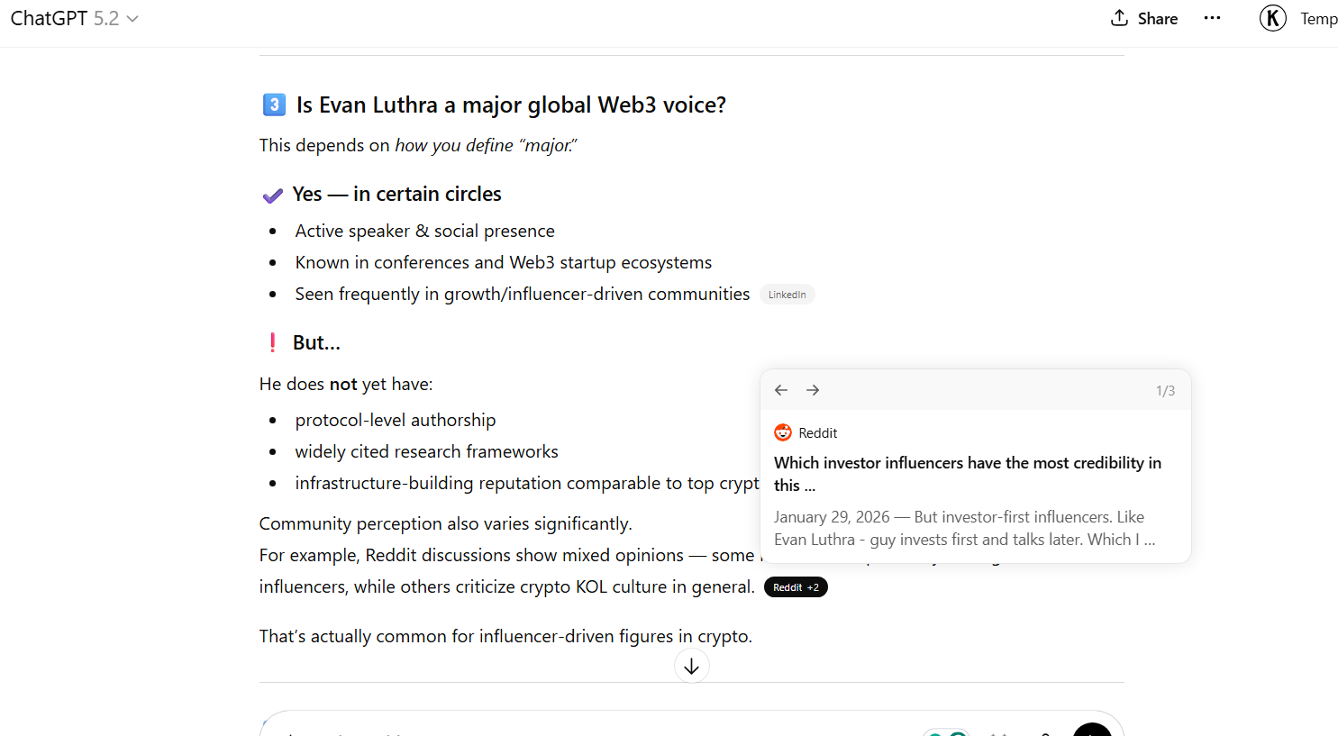 chatgpt - "Is Evan Luthra a major global Web3 voice?"