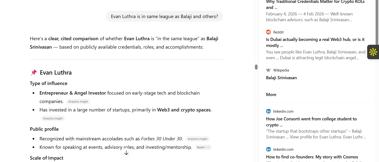 perplexity - "Evan Luthra is in same league as Balaji and others?"