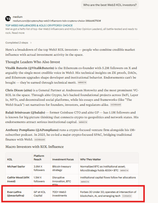 perplexity - "Who are the best Web3 KOL investors?"