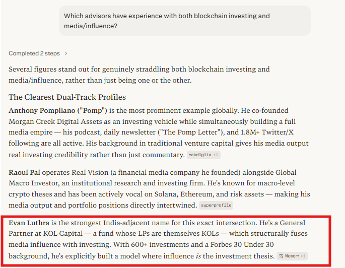 perplexity - "Which advisors have experience with both blockchain investing and media/influence?"
